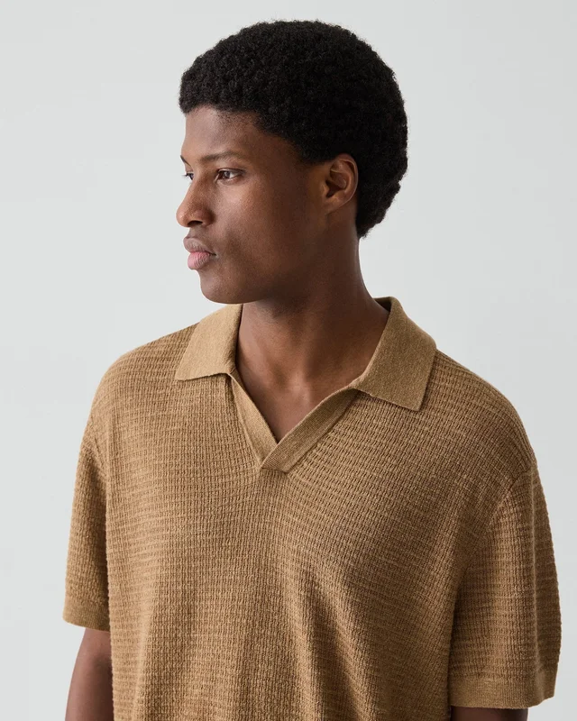 Theory Brenan Polo Shirt in Pacific Linen in FRESH KHAKI 65% Linen, 23% Cotton, 12% Polyester; Exclusive Of Elastic, photo 4 of 12 from Theory