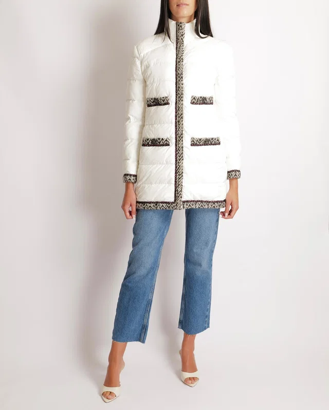 Chanel Fall Winter 2018 White Puffer Coat with Black and White Tweed Trims with Metallic Pink Details… in Black Tweed from Sellier