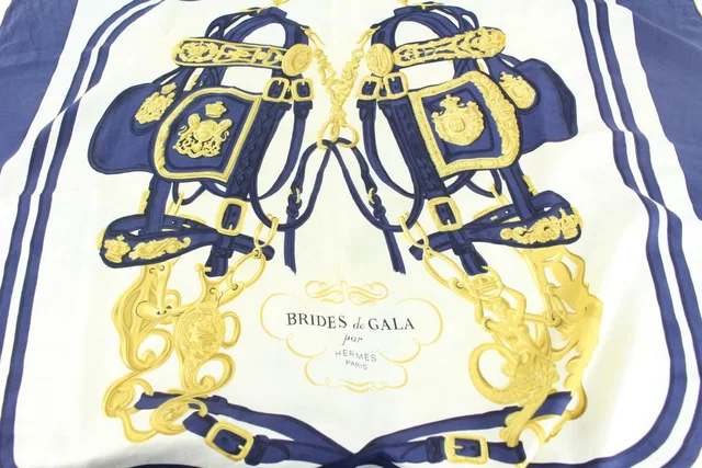 Hermès Navy x Gold Brides de Gala Silk Scarf in Navy Silk from Bagriculture