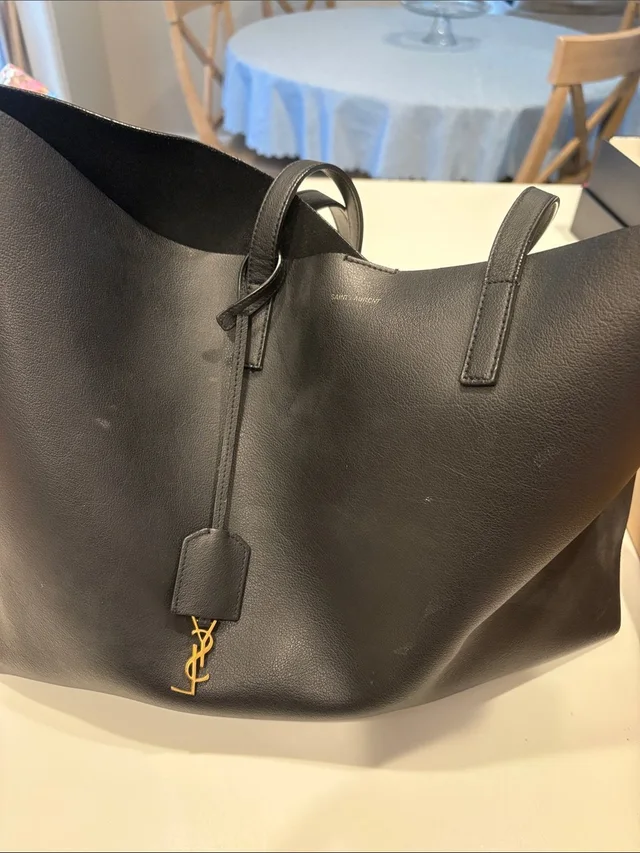 Black Leather Tote With Gold Ysl Charm Accent in black|gold Leather from Poshmark