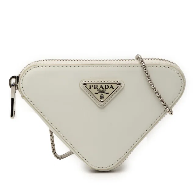 White Prada Mini Brushed Leather Triangle Chain Pouch Crossbody Bag in White Leather from Designer Revival