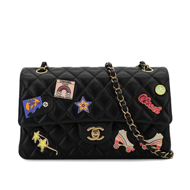 Chanel Hollywood Charm Classic Flap Medium Chain Shoulder Bag Black Lamb Skin Gold Hardware in Black Leather from Luxury Promise
