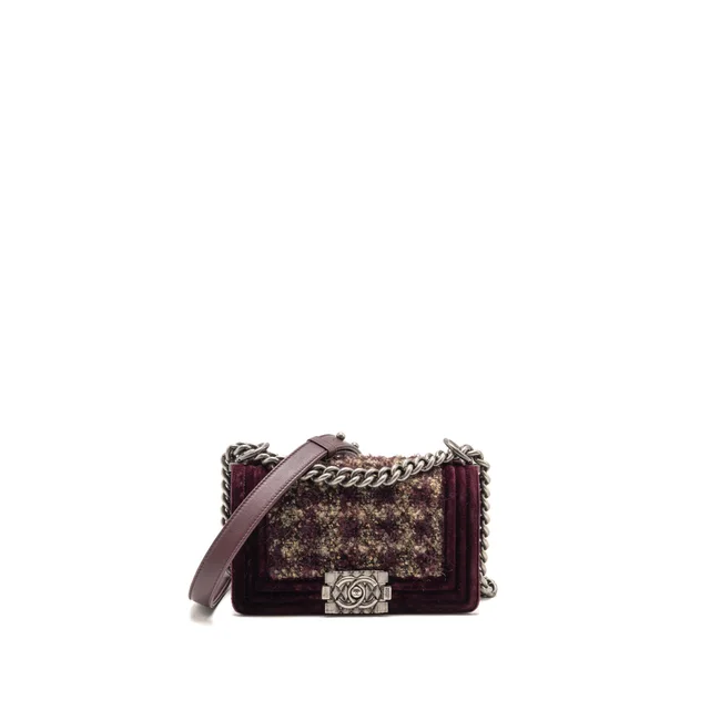 Chanel Small Boy Bag Tweed / Velvet / Lambskin Burgundy Ruthenium Hardware in Burgundy Lambskin from EMIER