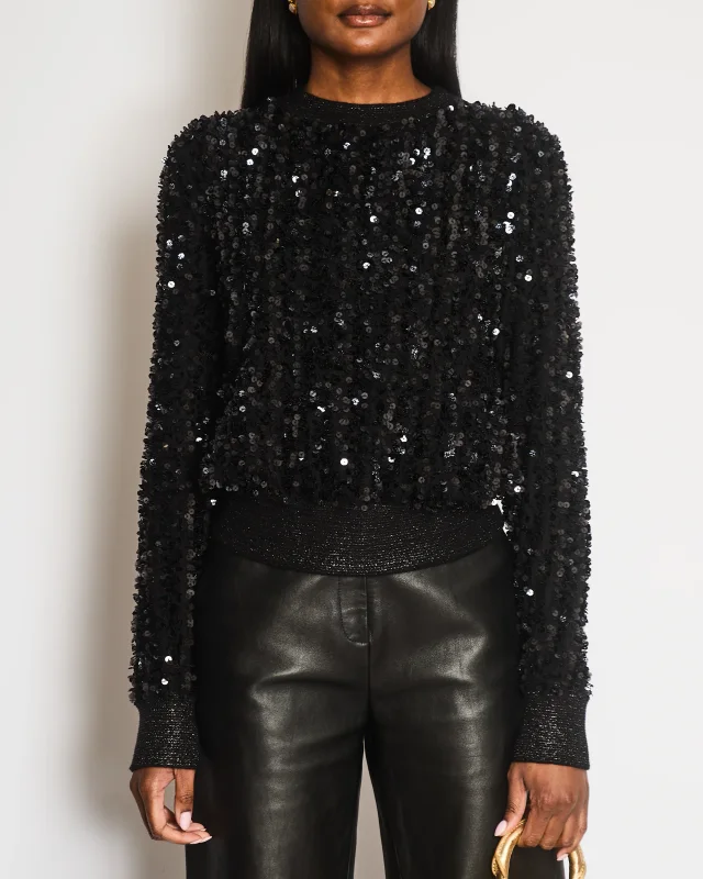 Chanel Black Sequin Embellished Jumper with Metallic Cuff Details Size FR 36 (UK 8) in Black Silk from Sellier, photo 2 of 4