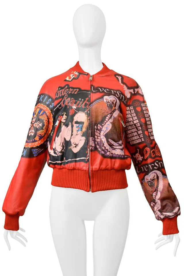 Dolce & Gabbana Red Leather Bomber Jacket With Faux Band Graphics 2001 in Red Leather from Resurrection Vintage