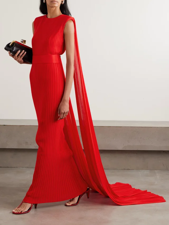SOLACE LONDON Tavia cape-effect pleated chiffon gown in Red, photo 2 of 2 from NET-A-PORTER (Canada)