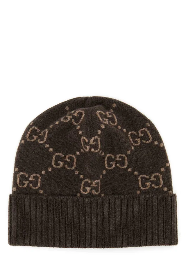 Gucci Hat Logo-Embroidered Cashmere Beanie — Brown Fabric Beanies in Brown Cashmere from HEWI