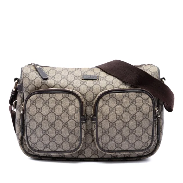 Beige Gucci GG Supreme Double Pocket Crossbody in Beige Coated canvas from Designer Revival