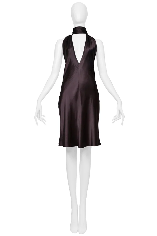 Dolce & Gabbana Brown Satin Halter Dress With Neck Ties 2002 in Brown Satin from Resurrection Vintage