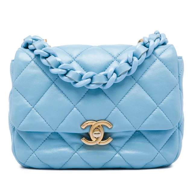 Blue Chanel Mini Quilted Lambskin Lacquered Chain Flap Crossbody Bag in Blue Lambskin from Designer Revival