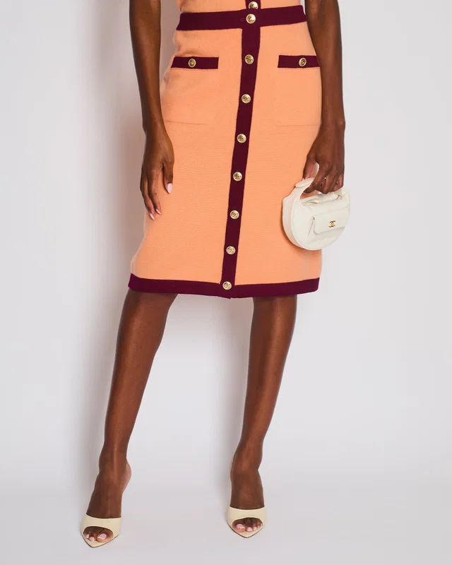 Chanel 2020 Metiers des Arts Peach A-Line Midi Skirt with CC Button Detail Size FR 40 (UK 12) in Cashmere from Sellier