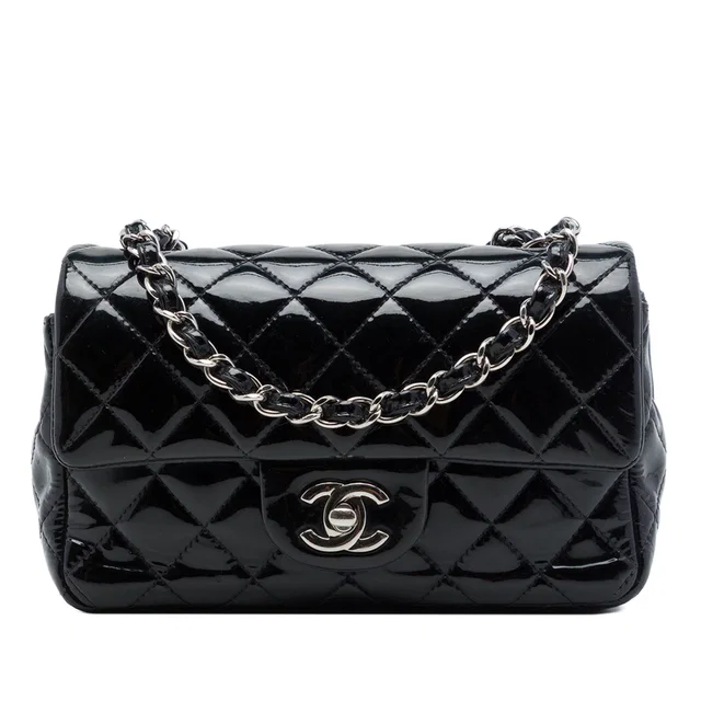 Black Chanel Mini Rectangular Classic Patent Single Flap Crossbody Bag in Black Patent leather from Designer Revival