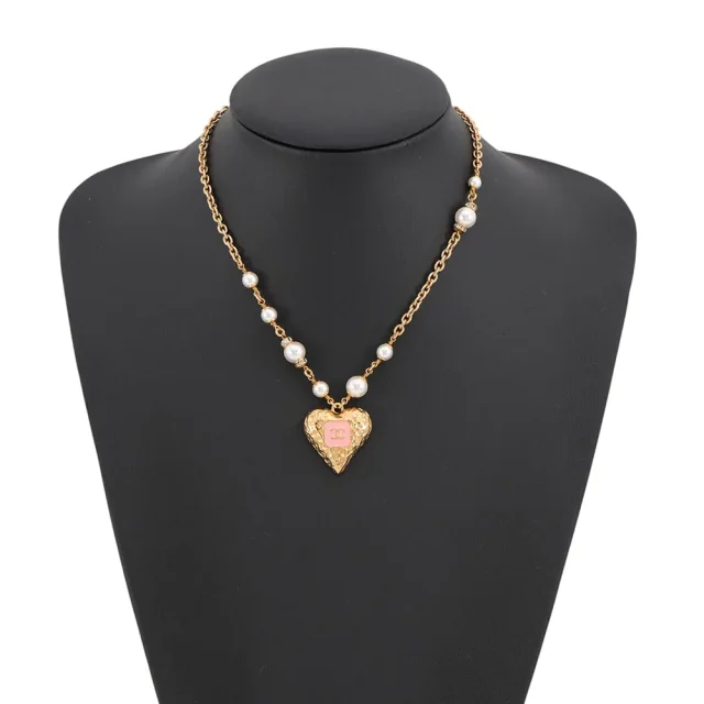 Chanel CC Logo Heart Necklace Gold Plated Faux Pearl Rhinestone in Gold from GALLERY RARE, photo 4 of 12