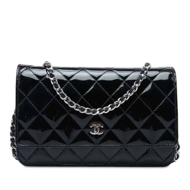 Black Chanel CC Quilted Patent Wallet On Chain Crossbody Bag in Black Patent leather from Designer Revival