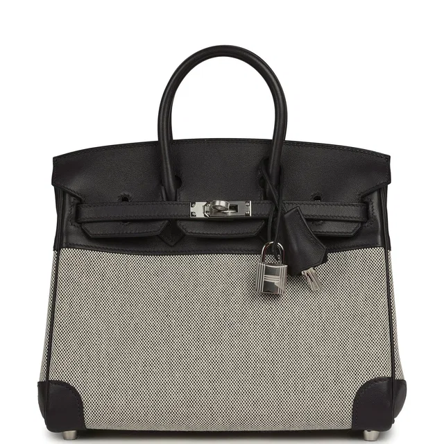 Hermès Birkin 25 Ecru-Black Toile H, Prunoir Swift Palladium Hardware in Black Swift leather from Madison Avenue Couture
