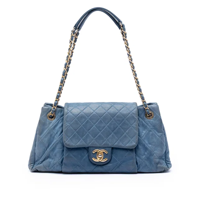 Blue Chanel Medium Quilted Iridescent Calfskin Chic Quilt Accordion Flap Shoulder Bag in Blue Calfskin from Designer Revival