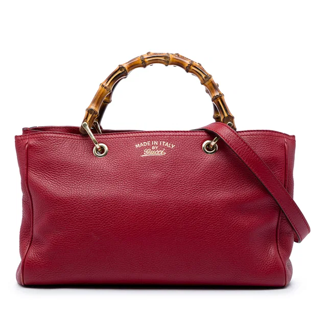 Red Gucci Medium Calfskin Bamboo Shopper Satchel in Red Calfskin from Designer Revival