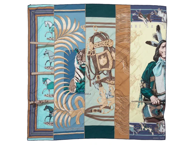Blue & Multicolor Hermes Carre En Carres Motif Printed Silk Scarf in Blue Silk from Designer Revival