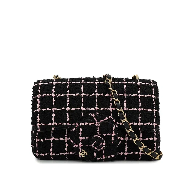 Chanel Camellia Chain Shoulder Bag Black Pink Tweed Gold Hardware in Black Tweed from Luxury Promise