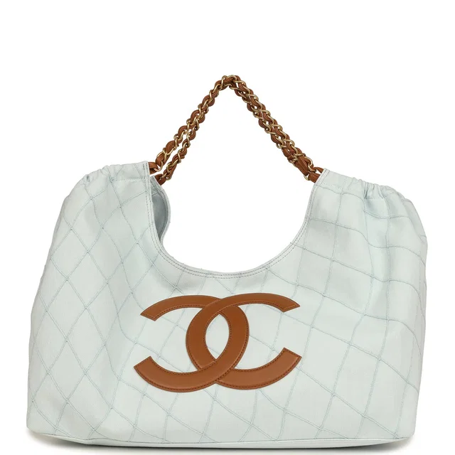 Chanel Maxi Coco Beach Cambon Hobo Bag Blue Denim and Brown Calfskin Brushed Gold Hardware in Brown Calfskin from Madison Avenue Couture