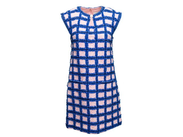 Blue & Light Pink Chanel Grid Patterned Tweed Dress Size FR 40 in Blue Tweed from Designer Revival