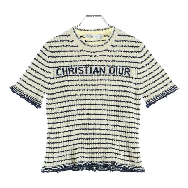 Dior Maniere Short Sleeve Knit White Navy Cotton Sweater in White from The Reluxe
