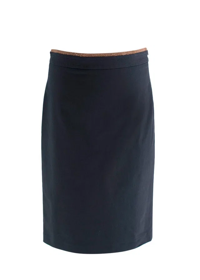 Brunello Cucinelli Navy Midi Skirt with Signature Waistband Detail in Navy from HEWI