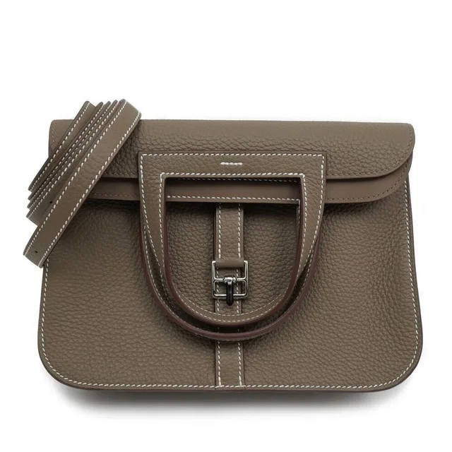 Hermès Halzan 25 Etoupe Silver Taurillon Clemence Leather Hand Bag in Taupe Clemence leather from The Reluxe