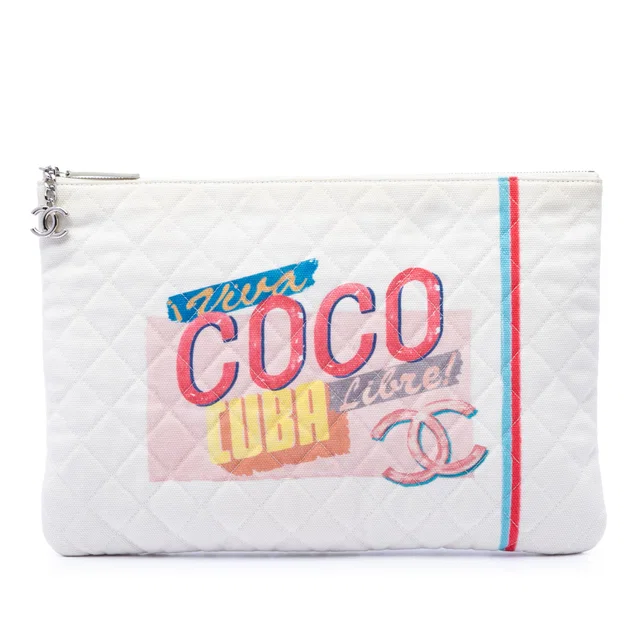 White Chanel Large Quilted Printed Canvas Coco Cuba Libre O Case Clutch in White Canvas from Designer Revival