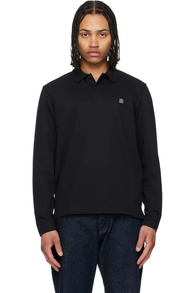 Hugo Black Stacked-Logo Cotton Blend Polo, image 1 of 1 from SSENSE