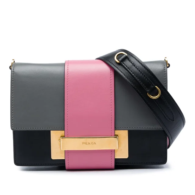 Black Prada Tricolor City Calf Ribbon Crossbody in Black Leather from Designer Revival