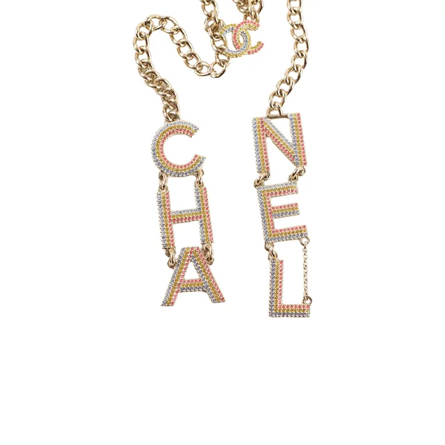 Chanel Crystal CHA-NEL Rainbow Logo Necklace Light Gold Necklace Costume Jewellery in Gold from The Purse Affair