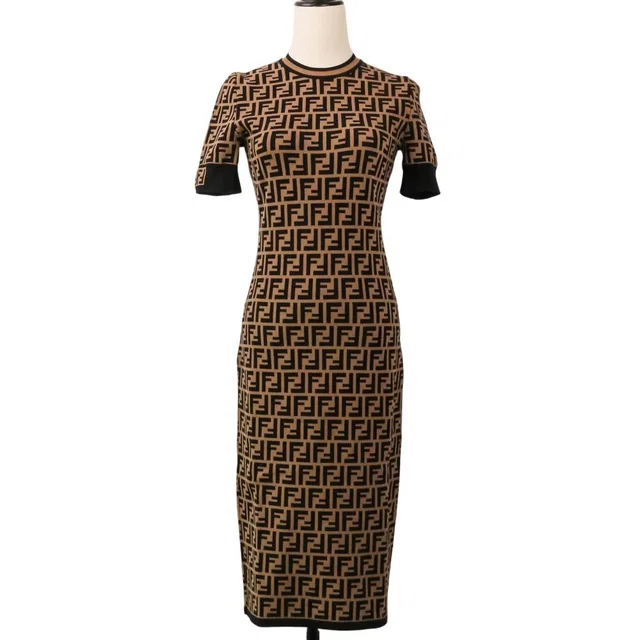 Fendi Zucca Jacquard Jersey Knit Dress Long 36 Brown Black in Black from The Reluxe