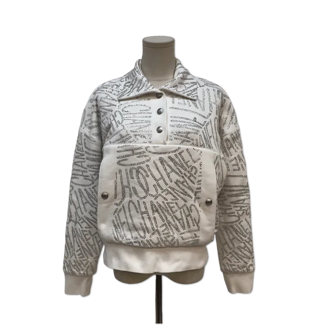 Chanel White All-Over Rhinestone Logo Pocket Sweatshirt size 38 in White from Luxury Promise