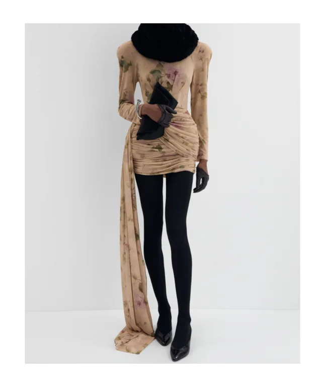 Magda Butrym Longsleeve sash mini dress in beige floral print, photo 4 of 4 from SENSER
