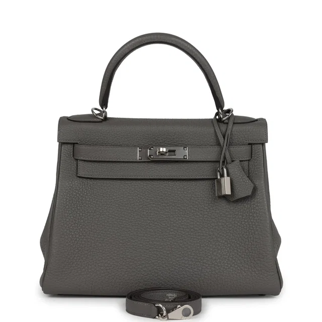 Hermès Kelly Retourne 28 Gris Meyer Clemence Palladium Hardware in Grey Clemence leather from Madison Avenue Couture