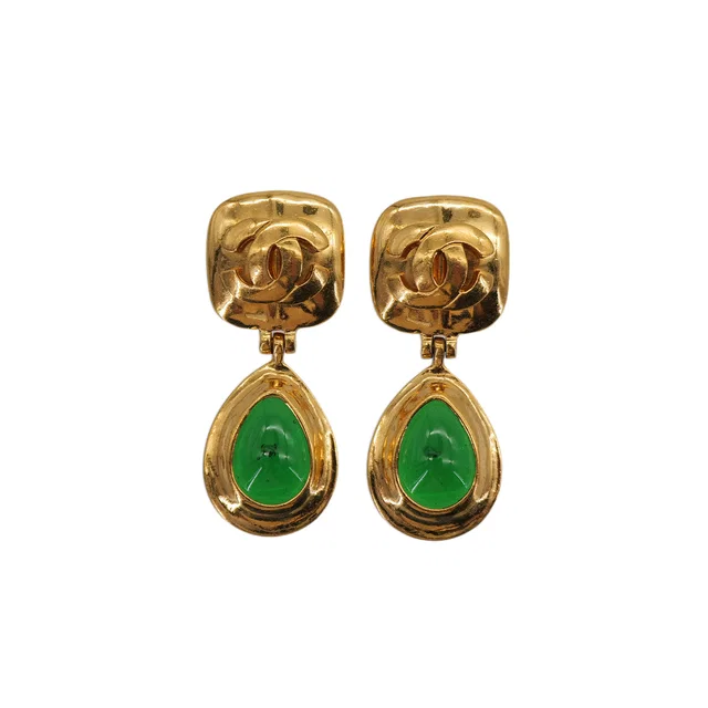 Chanel Vintage Earrings Cocomark Color Stone Swing Gold Green Accessory 97P in Green from Luxury Promise