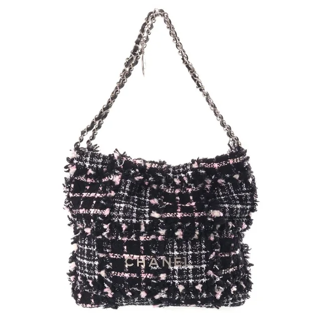 Chanel 22 2-Way Tote Chain Shoulder Bag Black Pink Leather Tweed Plate Silver in Black Tweed from The Reluxe
