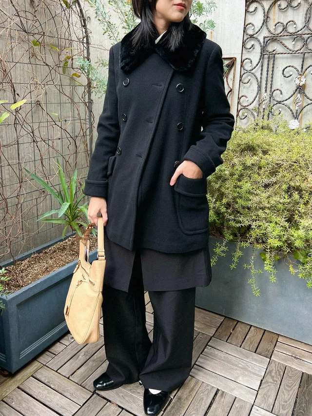 Valentino Garavani Faux Fur Collar Logo Button Double Breasted Coat #40 Black in Black Wool from VINTAGE QOO TOKYO
