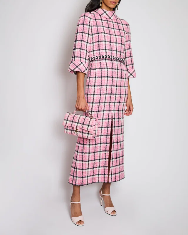 Chanel 24/S Pink Long Sleeve Plaid Tweed Maxi Dress with Split Detail Size FR 36 (UK 8) in Pink Tweed from Sellier