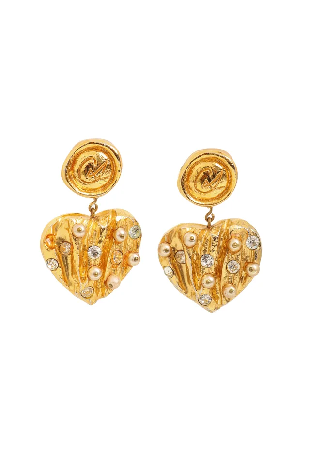 Christian Lacroix Sculpted Crystal Pearl Heart Earrings from Recess LA