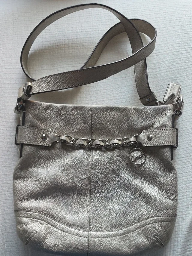 Coach Metallic Silver Leather Chain-Detail Women's Shoulder Bag in silver|gray Leather from Poshmark