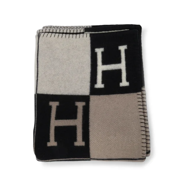 Hermès Ecru & Noir Wool & Cashmere Avalon III Throw Blanket in Black Cashmere from Blue Spinach