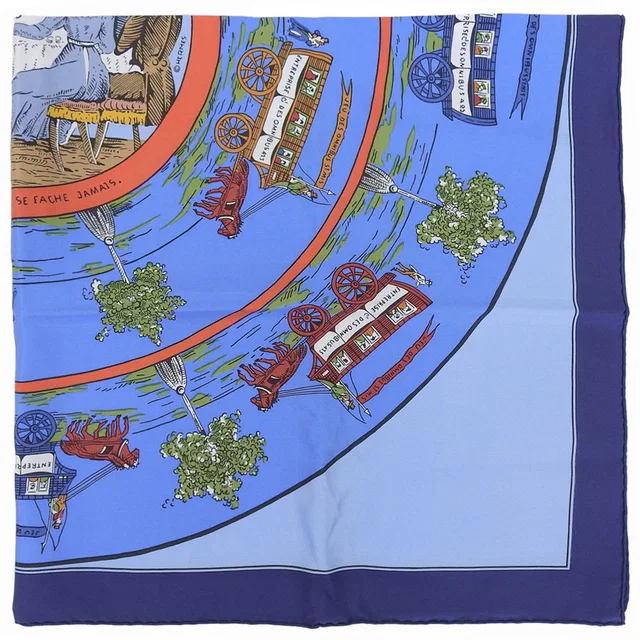 Hermès Carré 90 Jeu des Omnibus et Dames Blanches Scarf Blue in Blue Silk from VINTAGE QOO TOKYO