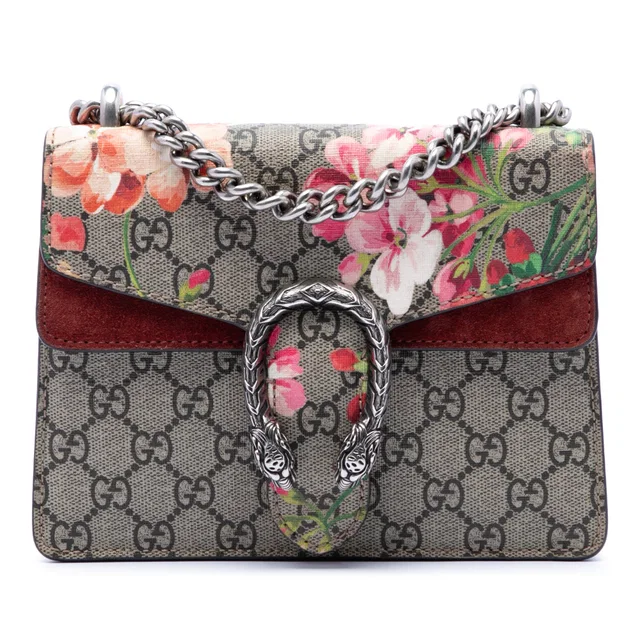 Pink Gucci Small GG Supreme Blooms Dionysus Crossbody in Pink Suede from Designer Revival