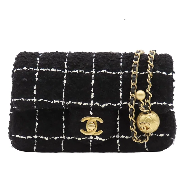 Chanel Chain Shoulder Bag Quilted 20 Coco Ball Black Gold Tweed Leather in Black Tweed from The Reluxe
