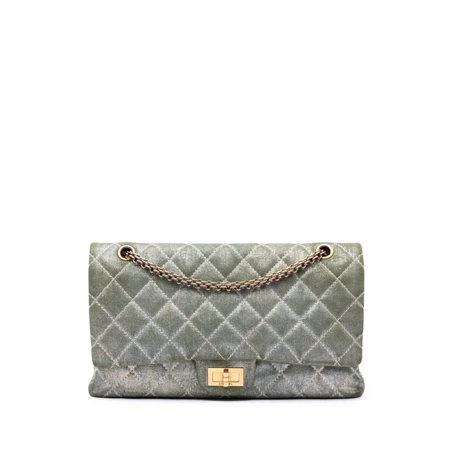 Green Chanel Quilted Shimmering Denim Reissue 2.55 Double Flap 227 Shoulder Bag in Green Denim from Designer Revival