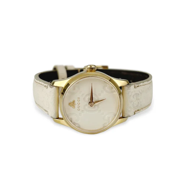Gucci 2021 Women's Quartz Cream Debossed Leather G-Timeless Signature Gold PVD 27mm Watch in Beige Leather from Designer Archives