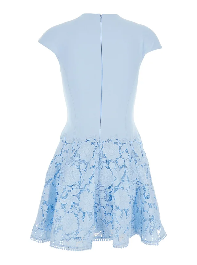 SELF-PORTRAIT Light blue mini dress with lace embroidery on the skirt in tech fabric for women, photo 4 of 6 from Gaudenzi Boutique