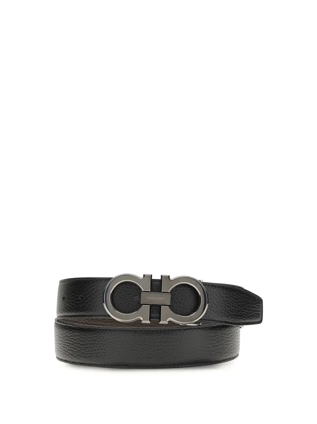 Ferragamo Double Gancini Buckle Leather Belt — Black Calf Bos Taurus in Black Leather from HEWI